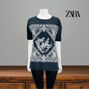 ZARA W&B Collection, Leopard Print T-Shirt, Medium, Charcoal & White